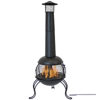66-Inch Black Heavy-Duty Steel Wood-Burning Chiminea with Rain Cap - High-Temperature Paint Finish