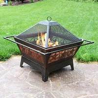 Sunnydaze Decor Northern Galaxy 32-Inch Heavy-Duty Square Fire Pit with Cooking Grill Grate, Spark Screen, and Fireplace Poker