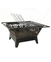 Sunnydaze Decor Northern Galaxy 32-Inch Heavy-Duty Square Fire Pit with Cooking Grill Grate, Spark Screen, and Fireplace Poker