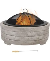 Sunnydaze Decor 35-Inch Faux Stone Fire Pit Bowl with Handles - Includes Spark Screen - Wood Burning