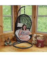 Sunnydaze Decor Cordelia Hanging Egg Chair with Steel Stand Set - Resin Wicker Porch Swing Includes Gray Cushion and Headrest