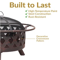 Crossweave Outdoor Fire Pit - Wood-Burning Fire Pit for Outside with Spark Screen, Poker and Round Cover - 30-Inch - Bronze