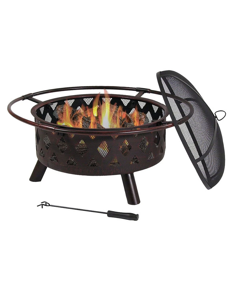 Crossweave Outdoor Fire Pit - Wood-Burning Fire Pit for Outside with Spark Screen, Poker and Round Cover - 30-Inch - Bronze