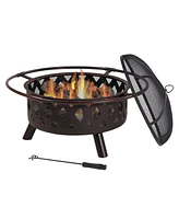 Crossweave Outdoor Fire Pit - Wood-Burning Fire Pit for Outside with Spark Screen, Poker and Round Cover - 30-Inch - Bronze