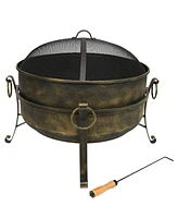 Cauldron Style Outdoor Fire Pit Bowl with Spark Screen, Log Poker, and Wood Grate