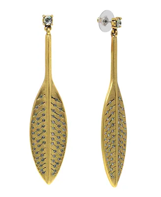 T.r.u. by 1928 14 K Gold Dipped Feather Hand Set Pave Drop Earring with Crystals