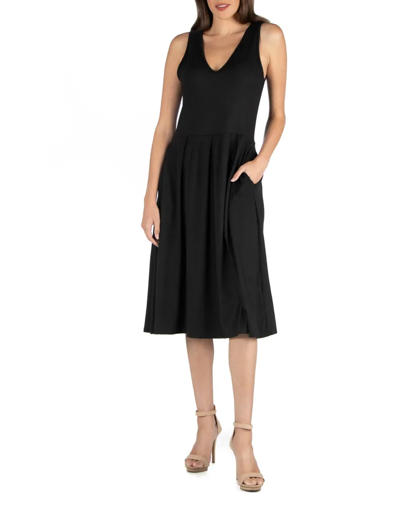 24seven Comfort Apparel Fit and Flare Midi Sleeveless Dress with Pocket Detail