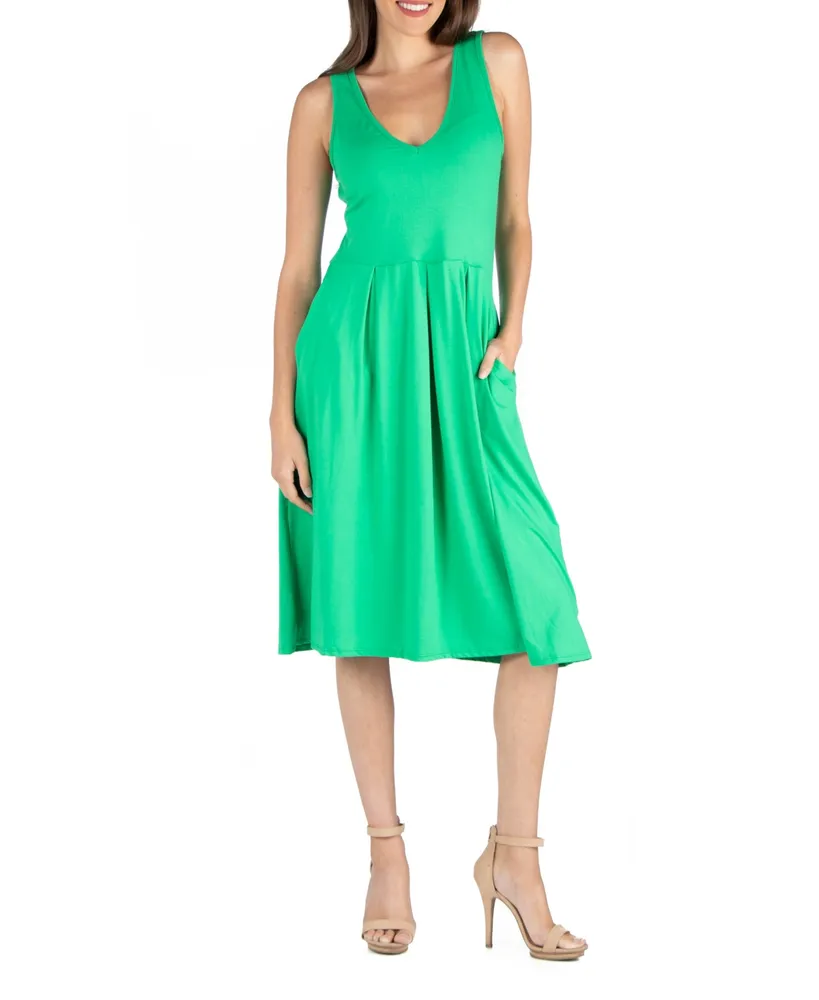 24seven Comfort Apparel Fit and Flare Midi Sleeveless Dress with Pocket Detail