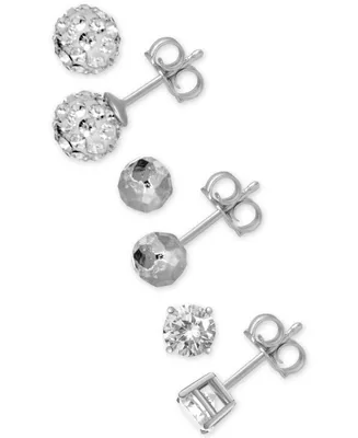 And Now This 3-Pc. Set Cubic Zirconia, Hammered-Look and Crystal Ball Stud Earrings in Silver-Plate