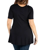 24seven Comfort Apparel Plus Elbow Sleeve Henley Tunic Top