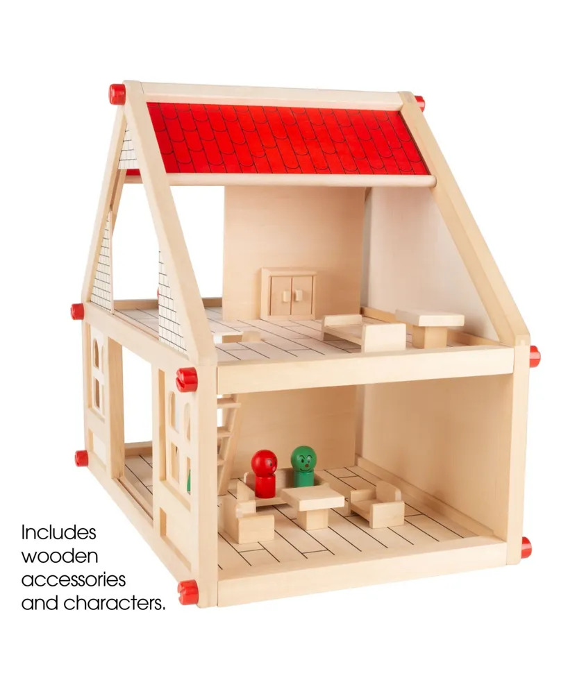 Hey Play Dollhouse For Kids - Classic Pretend Play 2 Story Wood Playset With Furniture Accessories And Dolls