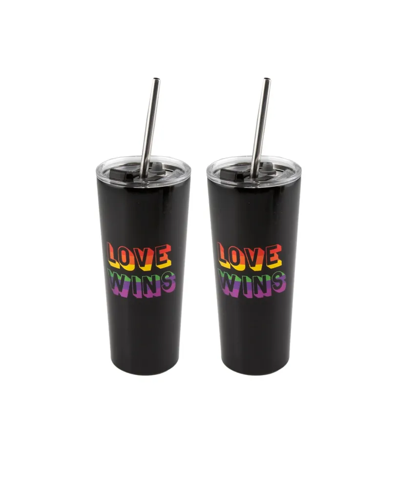 Double Wall 2 Pack of 24 oz Black Straw Tumblers with Metallic "Love Wins" Decal