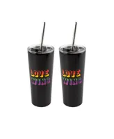 Double Wall 2 Pack of 24 oz Black Straw Tumblers with Metallic "Love Wins" Decal
