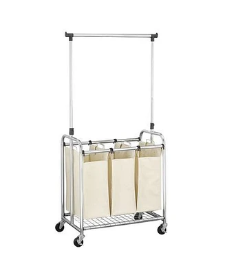 Commercial Grade 3 Bag Laundry Sorter with Wheels and Garment Rack for Hanging Clothes