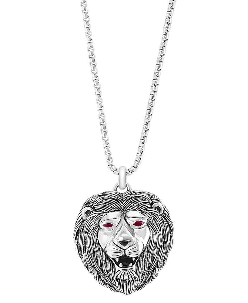 Effy Men's Ruby (1/4 ct. t.w.) & Onyx Lion's Head 20" Pendant Necklace in Sterling Silver