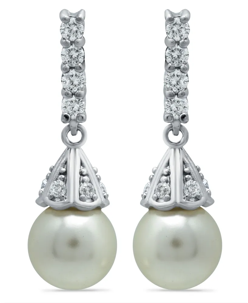 Imitation Pearl Cubic Zirconia Vintage Pyramid Style Drop Earrings Crafted in Silver Plate