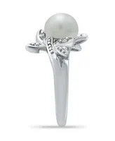 Imitation Pearl Cubic Zirconia Dragonfly Ring Silver Plate