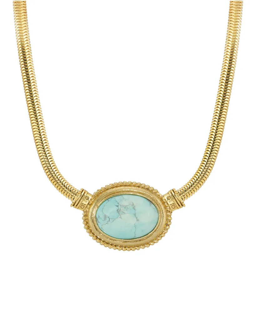 2028 Gold Tone Turquoise Semi Precious Oval Stone Necklace