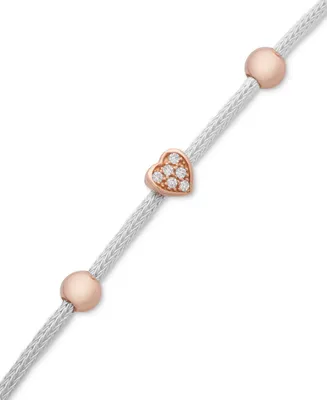 Cubic Zirconia Heart & Bead Mesh Link Bracelet in Sterling Silver & Rose Gold-Plate