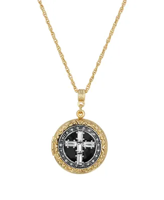 2028 Gold Silver-Tone Crystal Cross Locket 16" Adjustable Necklace