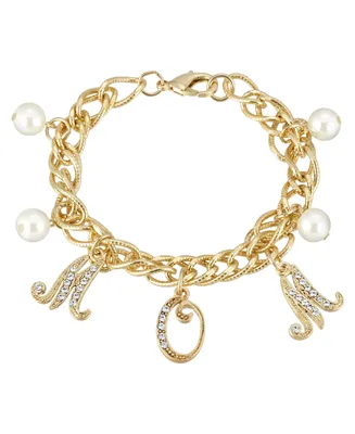 2028 Gold-Tone Crystal Imitation Pearl Mom Charm Chain Bracelet