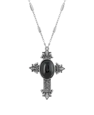 Symbols of Faith Pewter Cross Pendant Onyx Oval 28" Necklace
