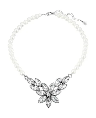 2028 Silver-Tone Diamond Shaped Crystal Flower 15" Adjustable Imitation Pearl Necklace