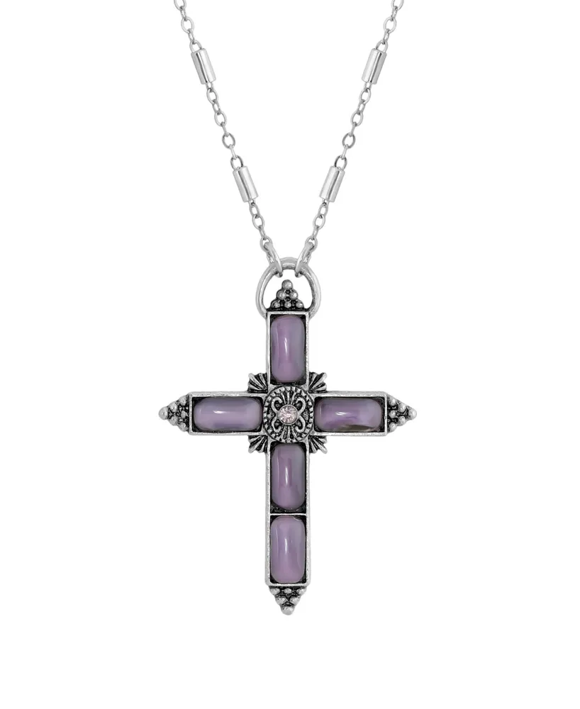 Symbols of Faith Silver-Tone Purple Moonstone Purple Crystal Cross 20" Necklace