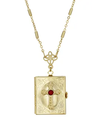 Symbols of Faith 14K Gold Dipped Red Crystal Cross Square 4 Way Locket 30" Necklace