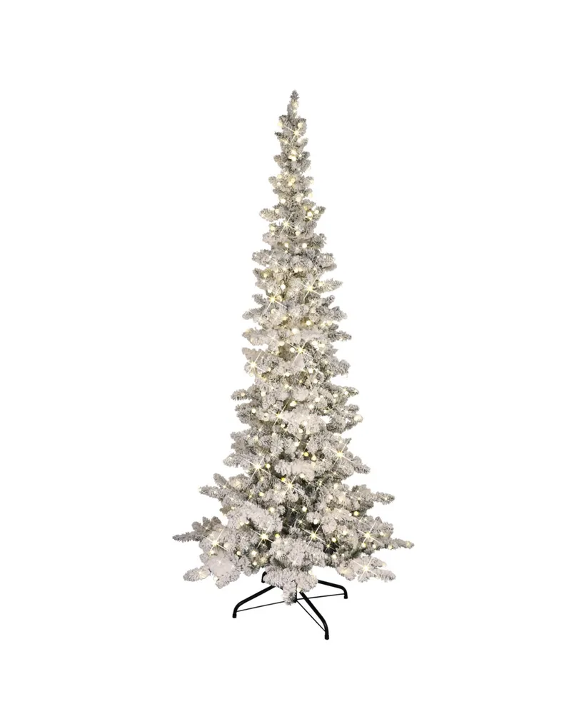 Puleo 7.5" Pre-Lit Flocked Slim Whistler Pine Artificial Christmas Tree