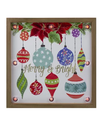 Northlight Wooden Frame "Merry Bright" with Hanging Ornaments and Glitter Christmas Plaque