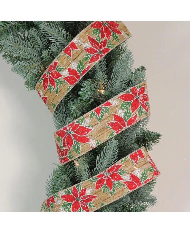 Northlight Cranberry Red and Gold Poinsettia Christmas Wired Craft Ribbon  2.5 x 10 Yards