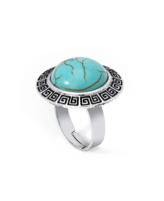 Macy's Simulated Turquoise in Silver Plated Round Greek Key Adjustable Ring