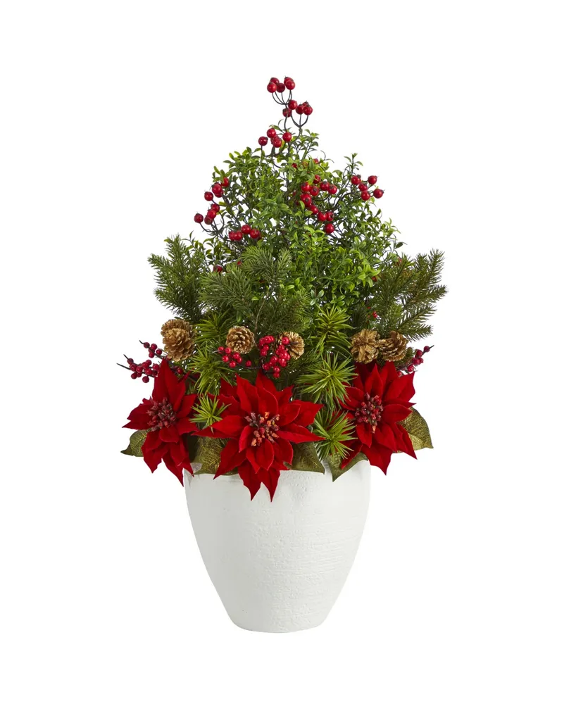 Nearly Natural Poinsettia, Boxwood and Succulent Artificial Arrangement in Vase