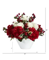 Nearly Natural Rose, Hydrangea and Holly Berry Artificial Arrangement in Vase