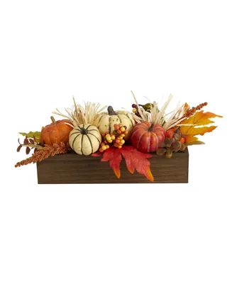 Nearly Natural Harvest Pumpkin and Berries Artificial Arrangement in Wood Vase