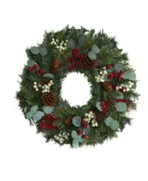 Nearly Natural Eucalyptus and Pine Artificial Wreath with Berries and Pine Cones