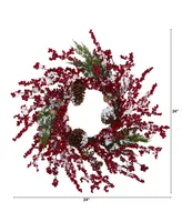 Nearly Natural Frosted Cypress Artificial Wreath with Berries and Pine Cones