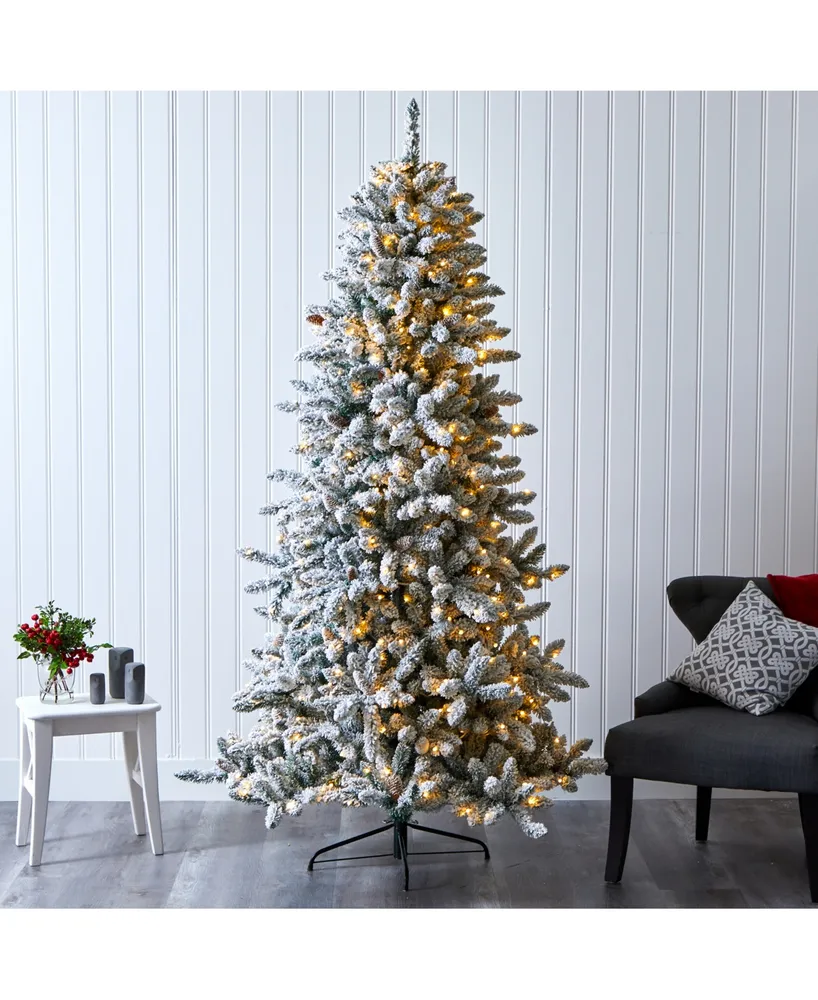 Nearly Natural Flocked Livingston Fir Artificial Christmas Tree with Pine Cones and 500 Clear Warm Led Lights