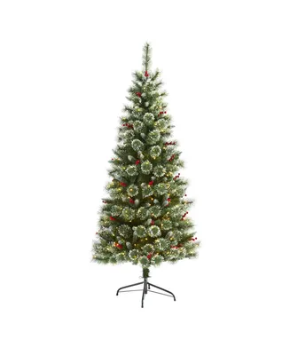 Nearly Natural Frosted Swiss Pine Artificial Christmas Tree with 300 Clear Led Lights and Berries