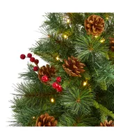 Nearly Natural Mixed Pine Artificial Christmas Tree with 100 Clear Led Lights, Pine Cones and Berries