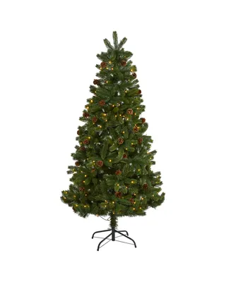 Nearly Natural Rocky Mountain Spruce Artificial Christmas Tree with Pinecones and Clear Led Lights