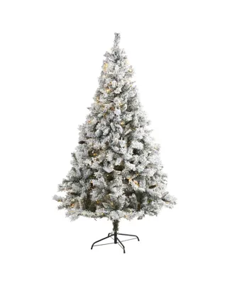 Nearly Natural Flocked River Mountain Pine Artificial Christmas Tree with Pinecones and 350 Led Lights