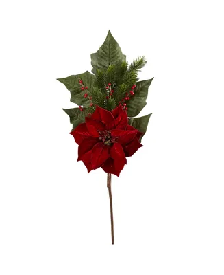 Nearly Natural Poinsettia, Berries and Pine Artificial Flower Bundle, Set of 3