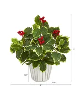 Nearly Natural Variegated Holly Leaf Artificial Plant in Planter with Trimming, Real Touch