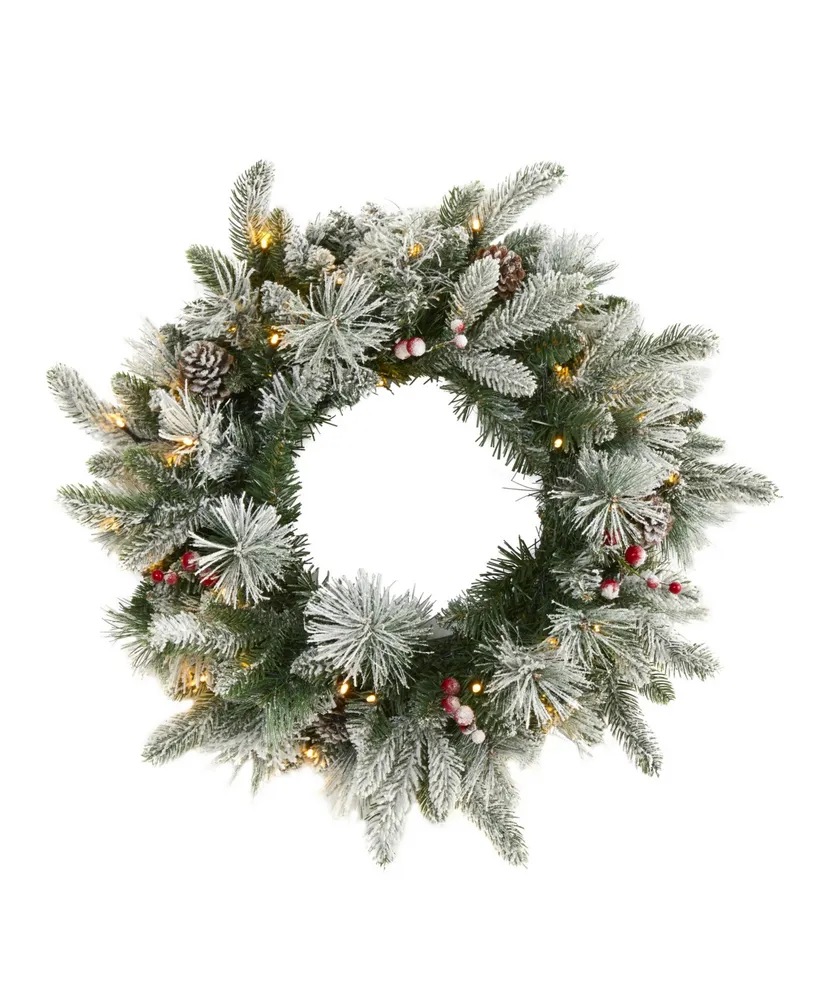 Nearly Natural Flocked Mixed Pine Artificial Christmas Wreath with 50 Led Lights, Pine Cones and Berries