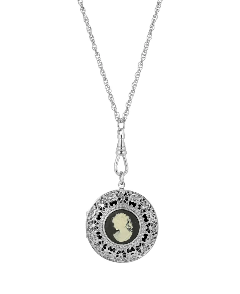 2028 Women's Silver Tone Black Cameo Round Filigree Locket Necklace