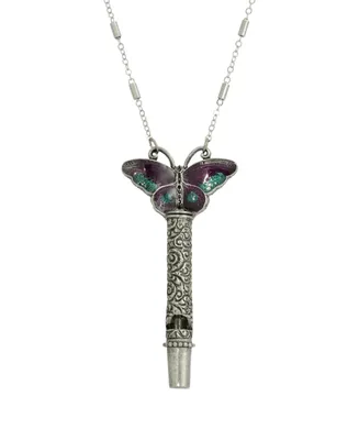 2028 Women's Pewter Whistle with Purple Green Enamel Butterfly Necklace
