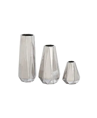 CosmoLiving by Cosmopolitan Set of 3 Silver Stoneware Glam Vase, 7", 11", 15" - Silver