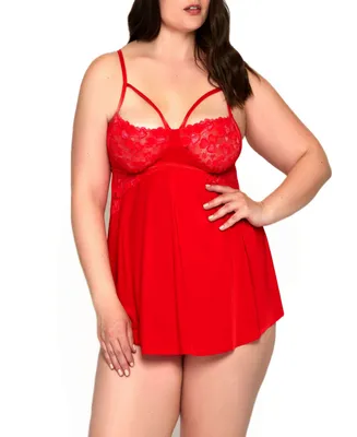 Women's Plus Heart Lace Cup Babydoll and Panty Lingerie Set
